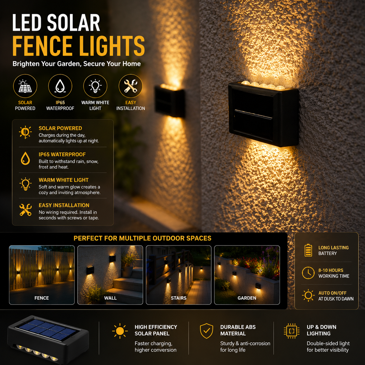 LED Solar Fence Lights – Waterproof Solar-Powered Wall Lamps for Garden &amp; Outdoor Lighting