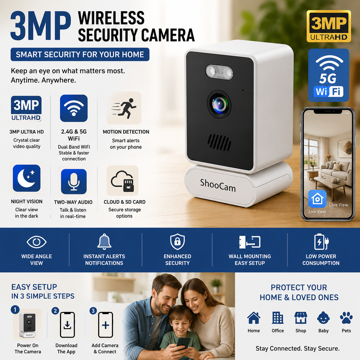 3MP WIFI 2.4G/5G Wireless CCTV with Motion Detection, Night Vision & Two-Way Audio