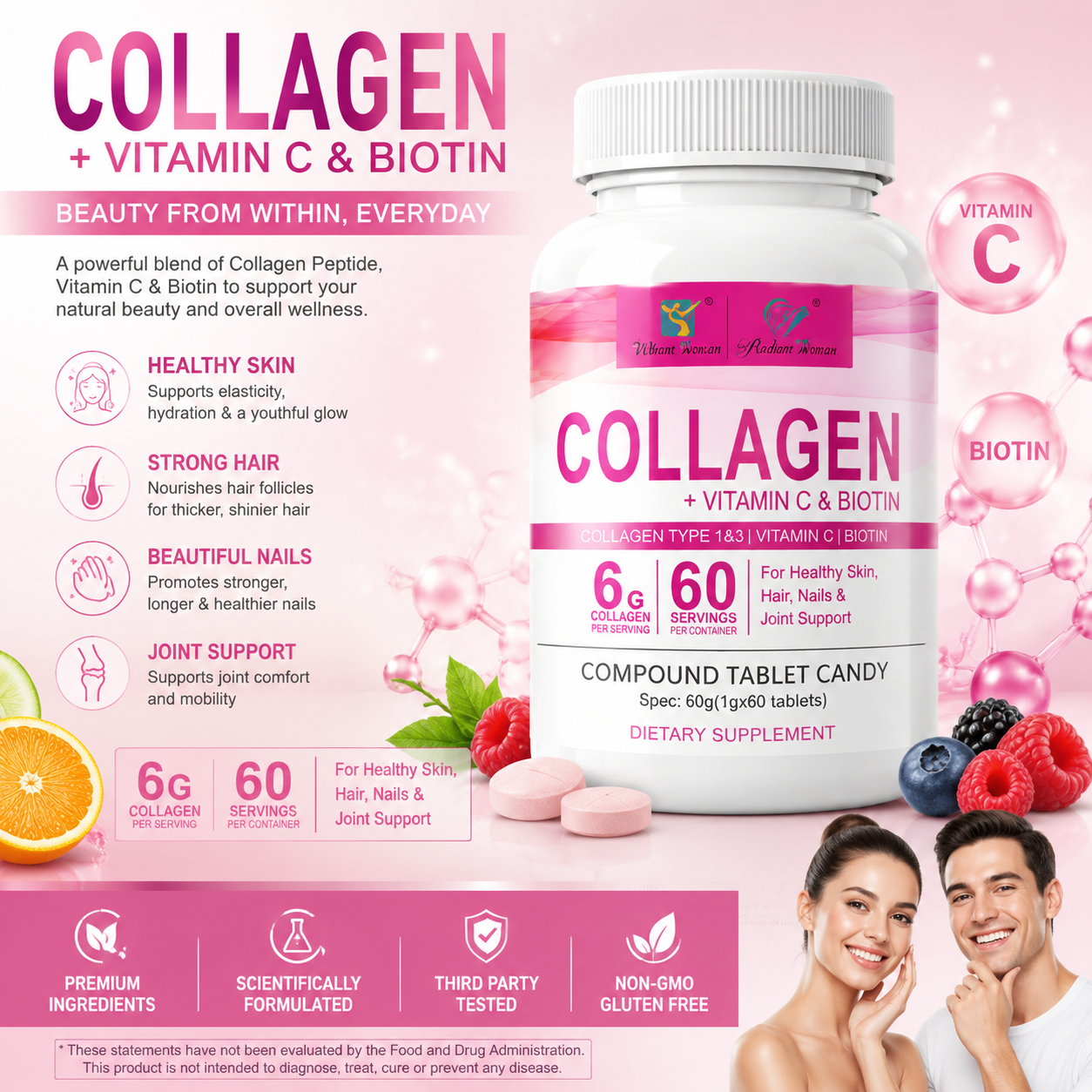 Collagen Vitamin C Biotin Tablets – Beauty Supplement for Skin, Hair, Nails &amp; Joint Wellness Support